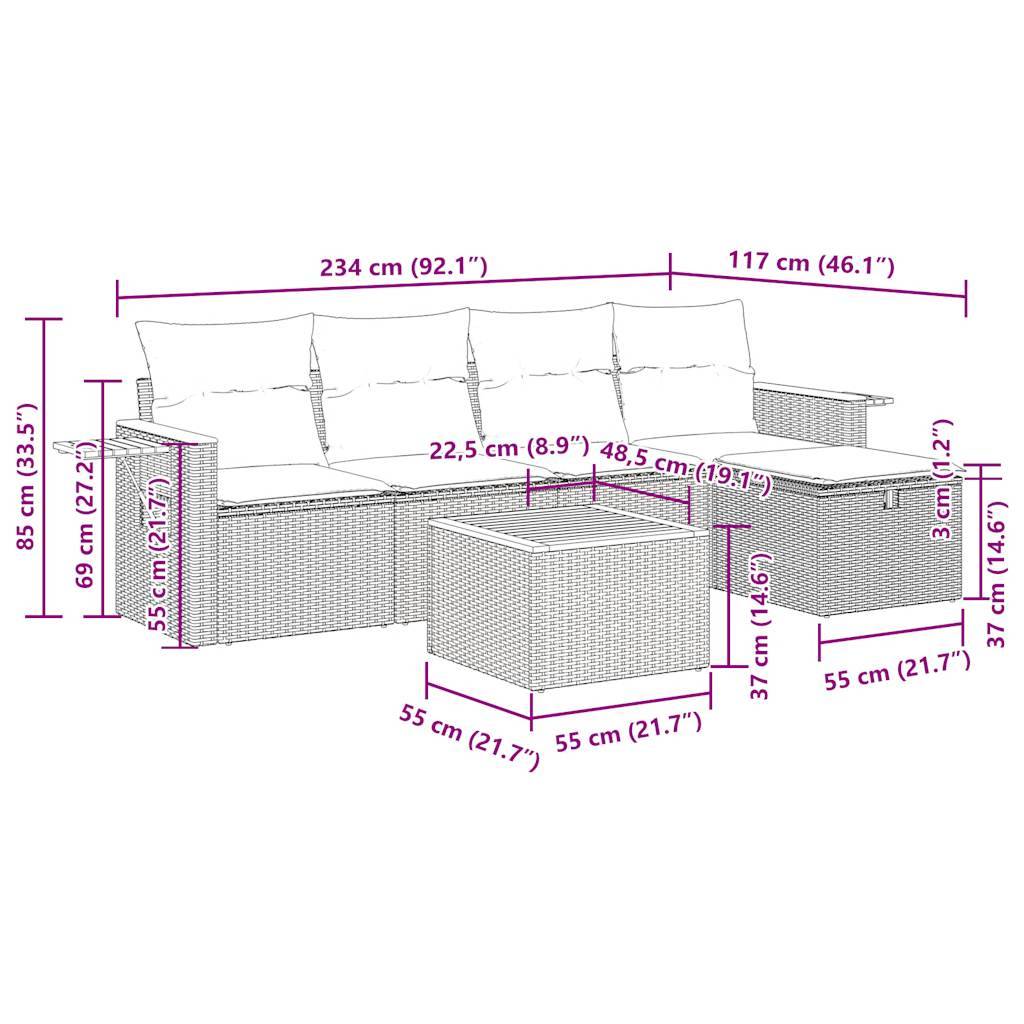vidaXL 6-tlg. Garten-Sofagarnitur mit Kissen Beige Poly Rattan