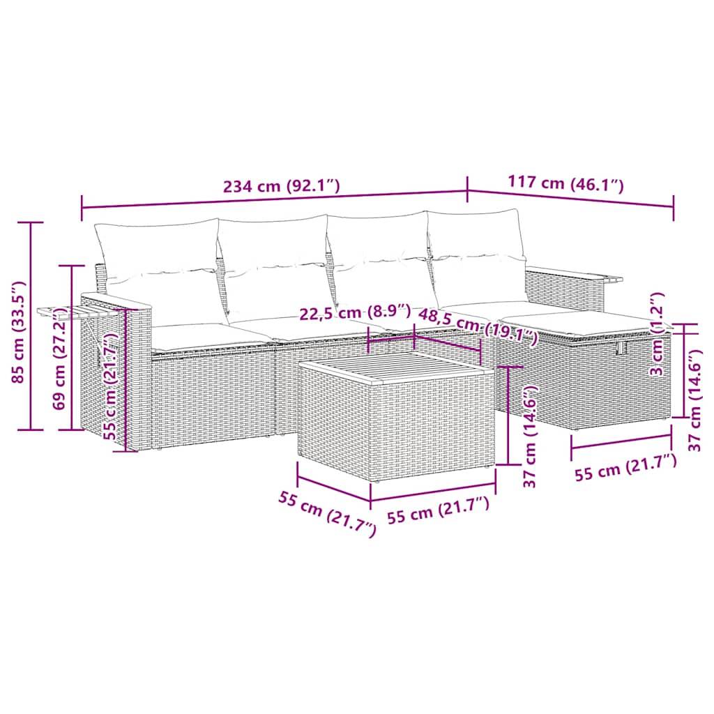vidaXL 6-tlg. Garten-Sofagarnitur mit Kissen Schwarz Poly Rattan