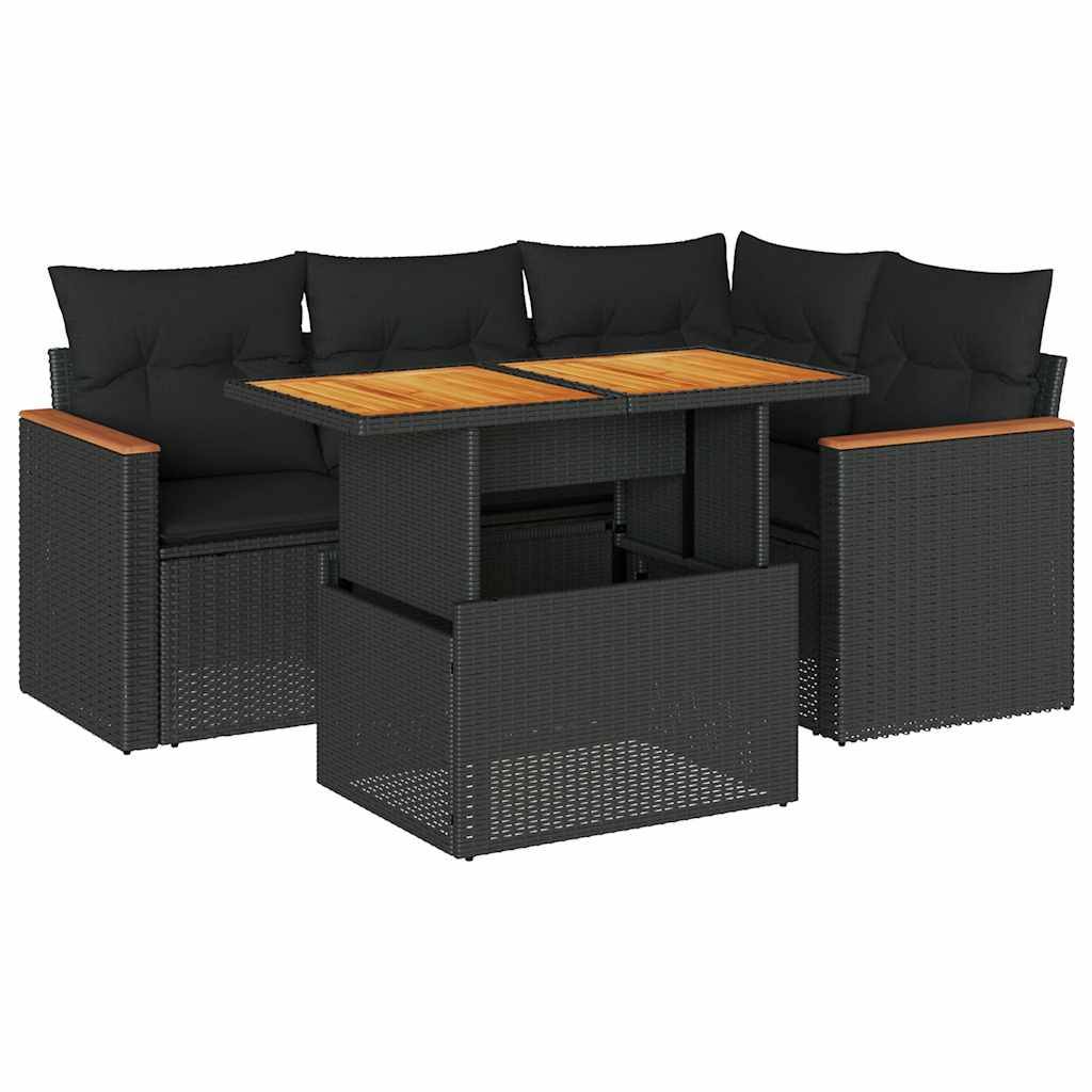 vidaXL 5tlg. Garten-Sofagarnitur mit Kissen Schwarz Poly Rattan Akazie