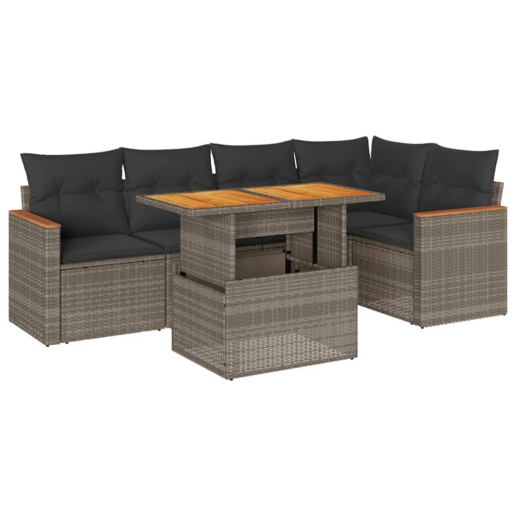 vidaXL 6-tlg. Garten-Sofagarnitur mit Kissen Grau Poly Rattan Akazie