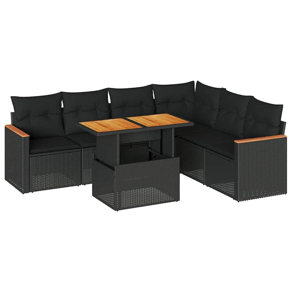 vidaXL 7-tlg. Garten-Sofagarnitur mit Kissen Schwarz Poly Rattan