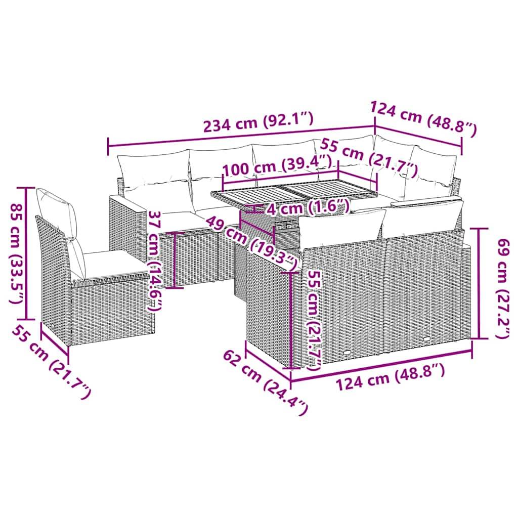 vidaXL 9-tlg. Garten-Sofagarnitur mit Kissen Schwarz Poly Rattan