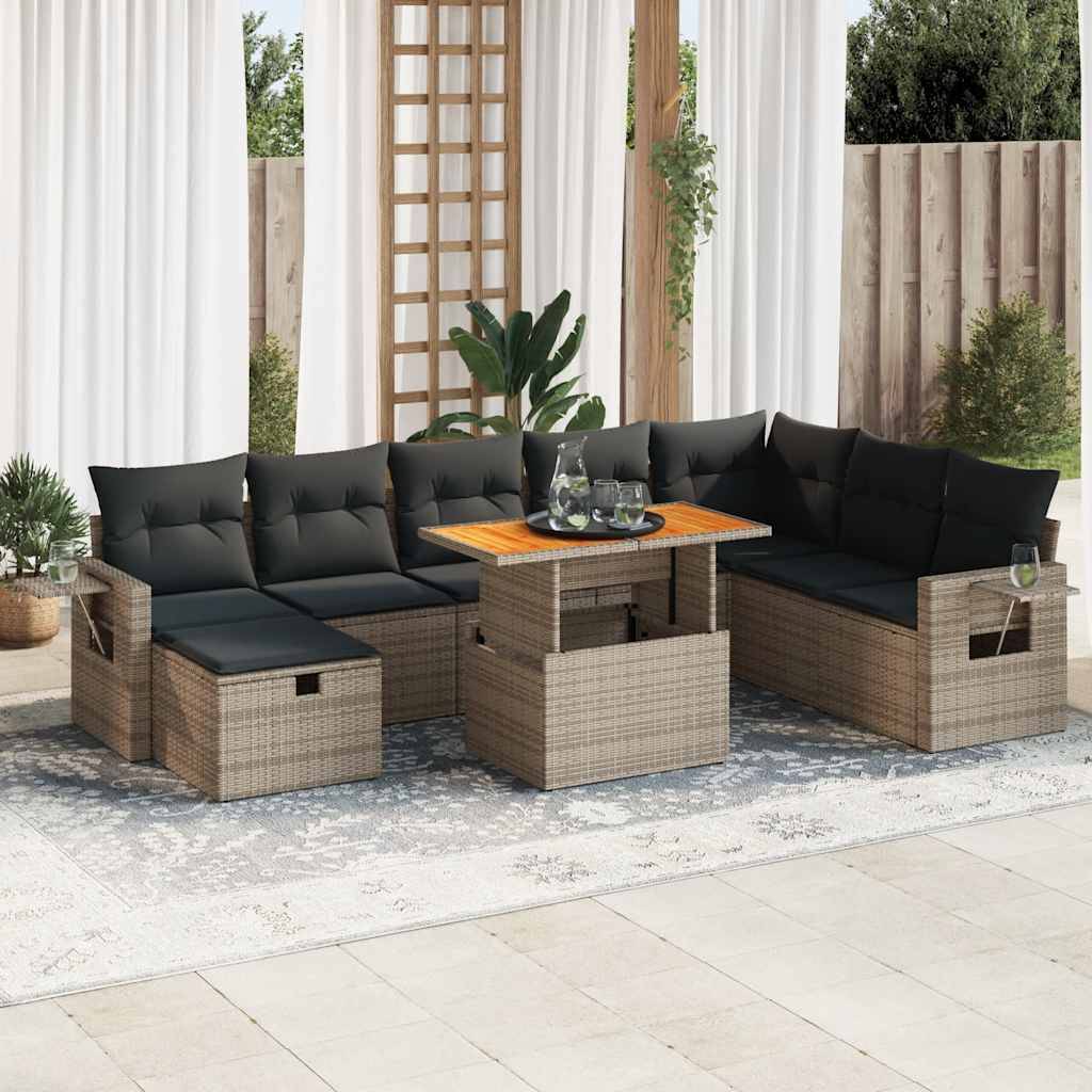 vidaXL 9-tlg. Garten-Sofagarnitur mit Kissen Grau Poly Rattan Akazie