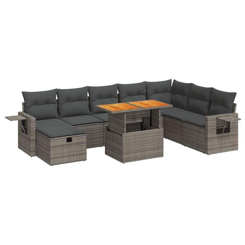vidaXL 9-tlg. Garten-Sofagarnitur mit Kissen Grau Poly Rattan Akazie