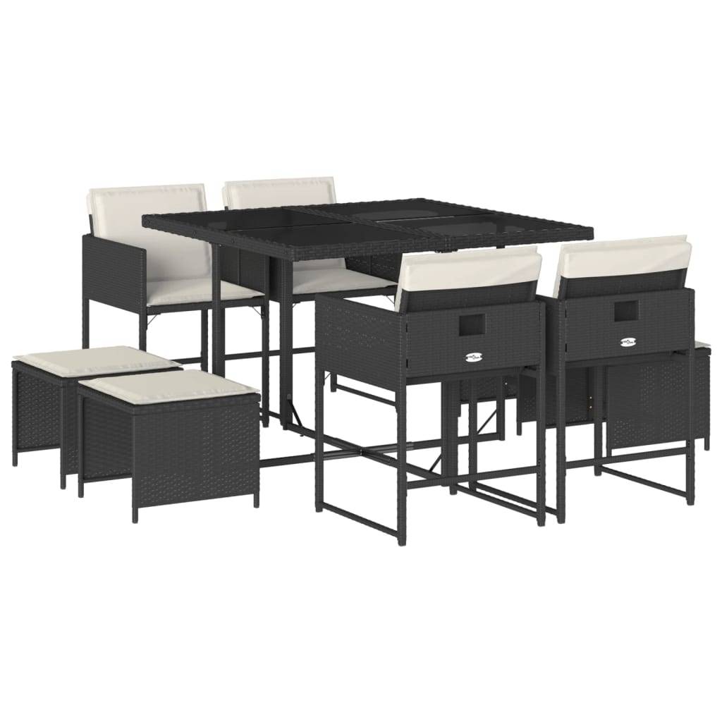 vidaXL 9-tlg. Garten-Essgruppe mit Kissen Schwarz Poly Rattan