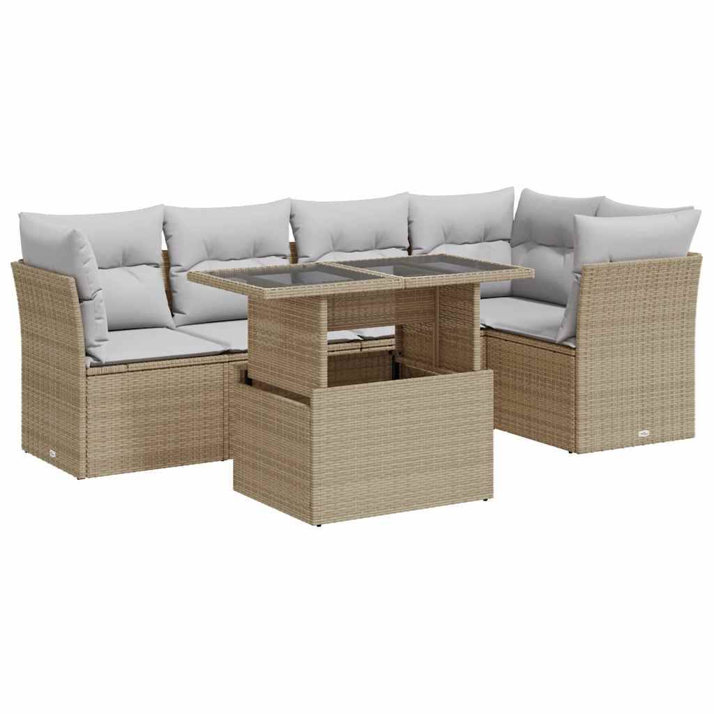 vidaXL 6-tlg. Garten-Sofagarnitur mit Kissen Beige Poly Rattan