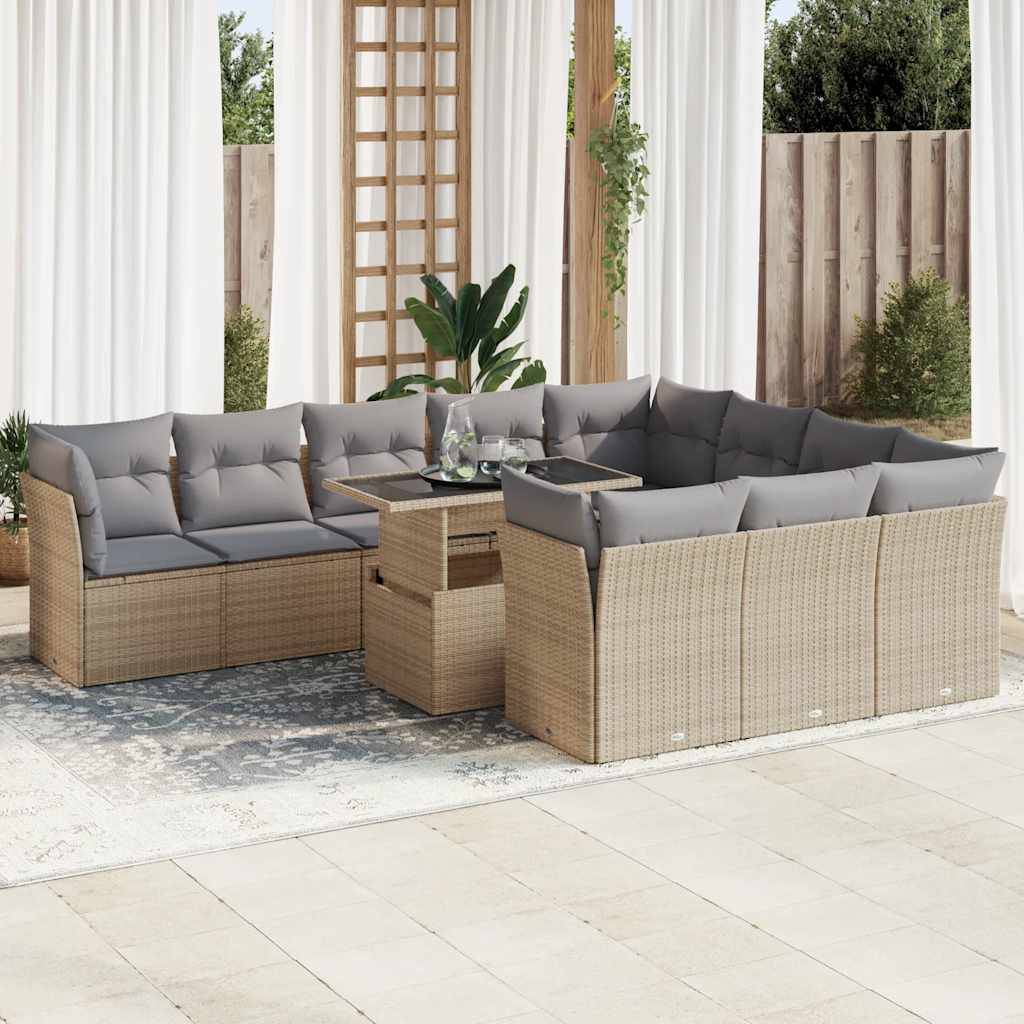 vidaXL 11-tlg. Garten-Sofagarnitur mit Kissen Beige Poly Rattan