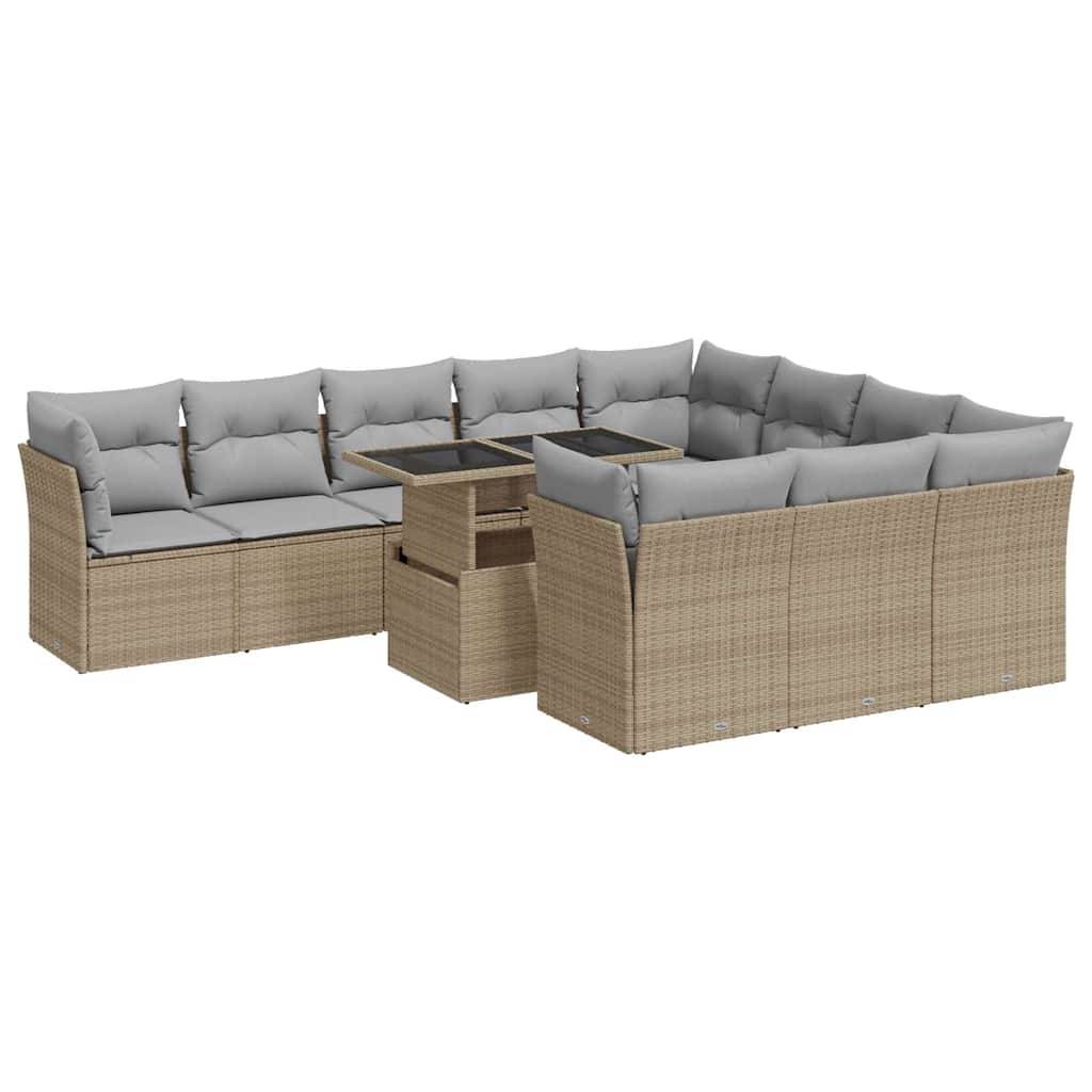 vidaXL 11-tlg. Garten-Sofagarnitur mit Kissen Beige Poly Rattan