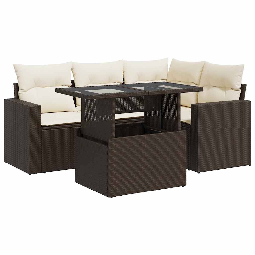 vidaXL 5-tlg. Garten-Sofagarnitur mit Kissen Braun Poly Rattan