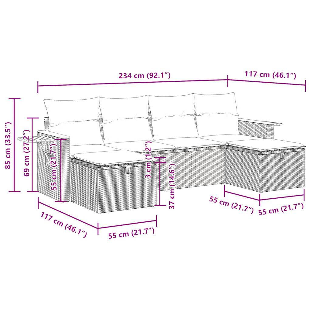 vidaXL 6-tlg. Garten-Sofagarnitur mit Kissen Schwarz Poly Rattan