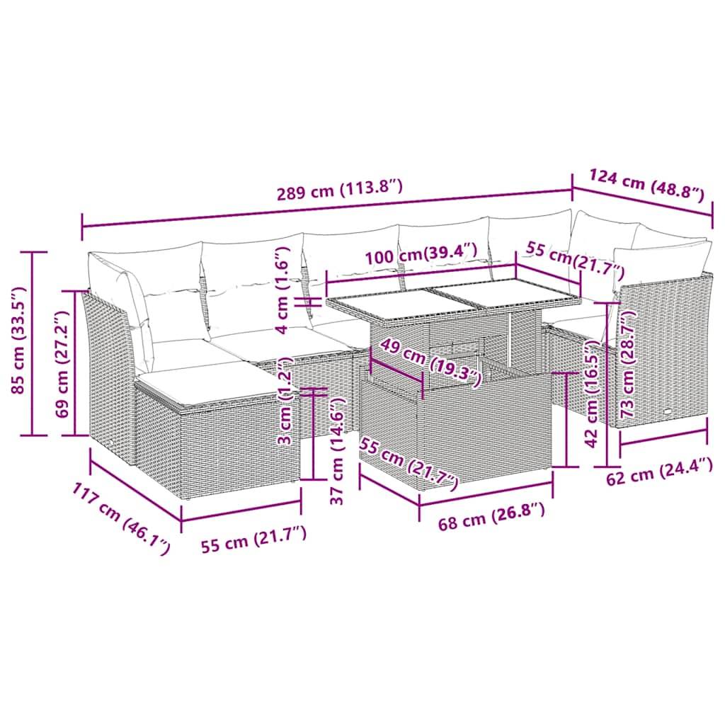 vidaXL 8-tlg. Garten-Sofagarnitur mit Kissen Schwarz Poly Rattan