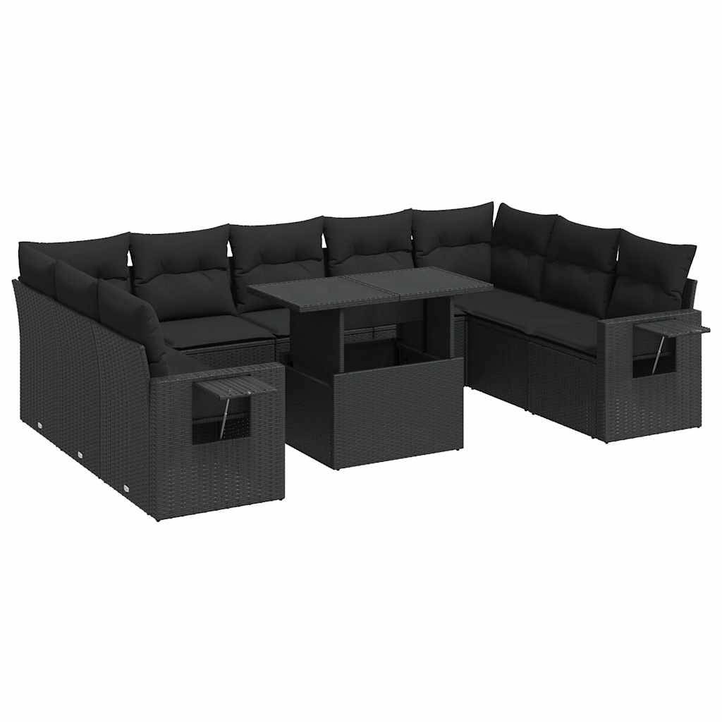 vidaXL 10-tlg. Garten-Sofagarnitur mit Kissen Schwarz Poly Rattan