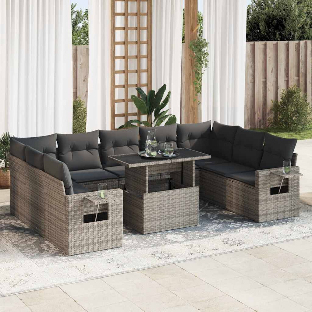 vidaXL 10-tlg. Garten-Sofagarnitur mit Kissen Grau Poly Rattan