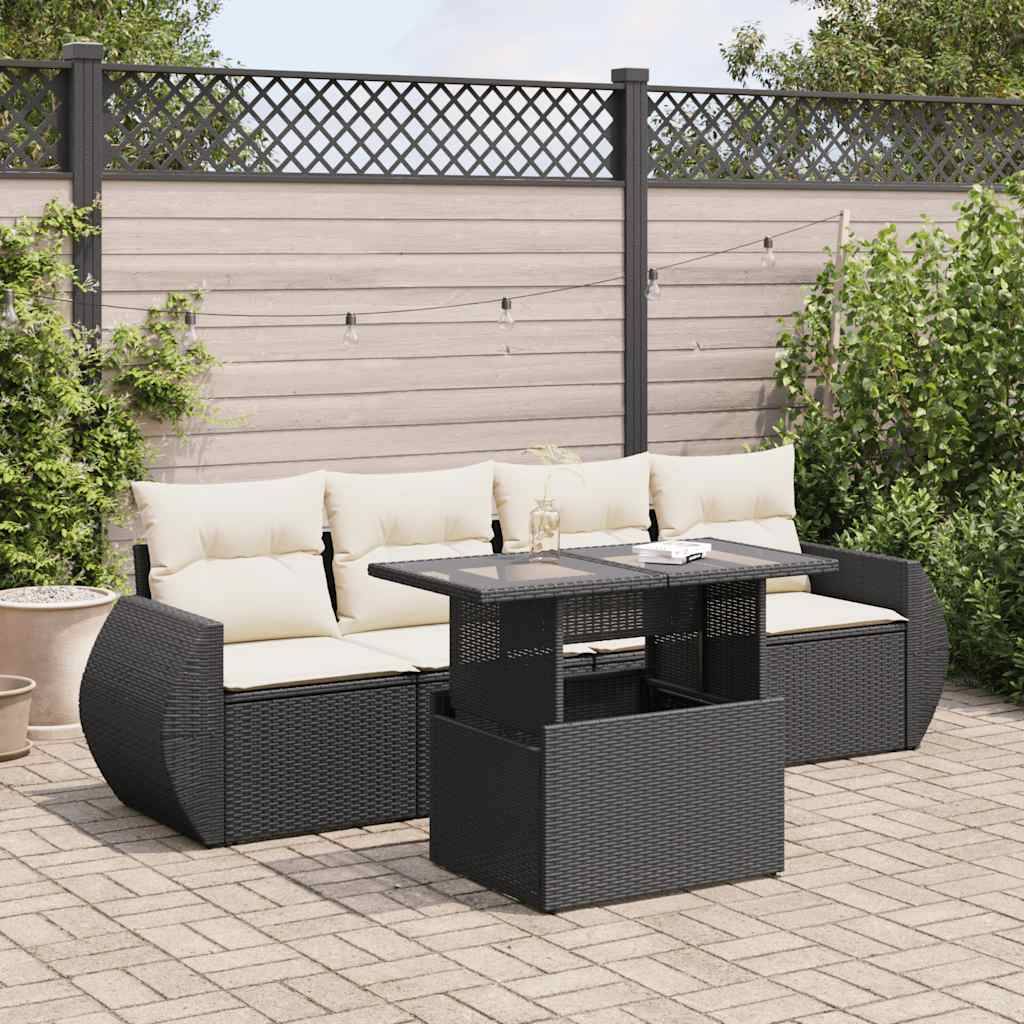 vidaXL 5-tlg. Garten-Sofagarnitur mit Kissen Schwarz Poly Rattan