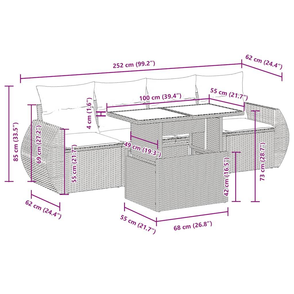vidaXL 5-tlg. Garten-Sofagarnitur mit Kissen Schwarz Poly Rattan
