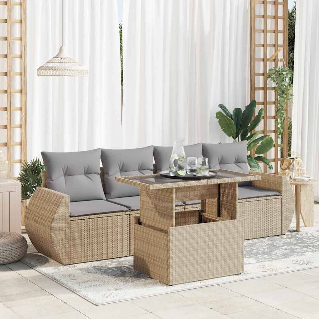 vidaXL 5-tlg. Garten-Sofagarnitur mit Kissen Beige Poly Rattan