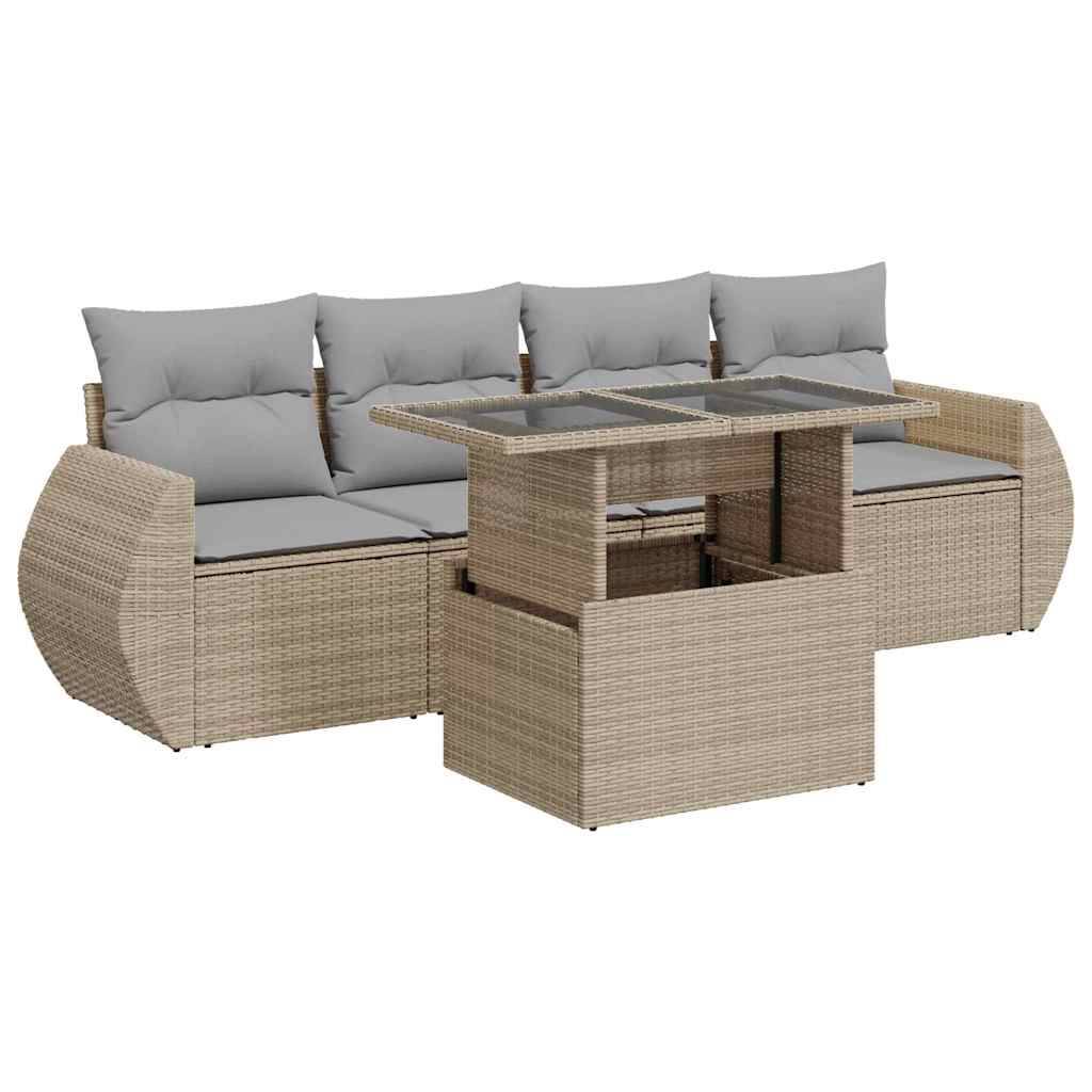vidaXL 5-tlg. Garten-Sofagarnitur mit Kissen Beige Poly Rattan