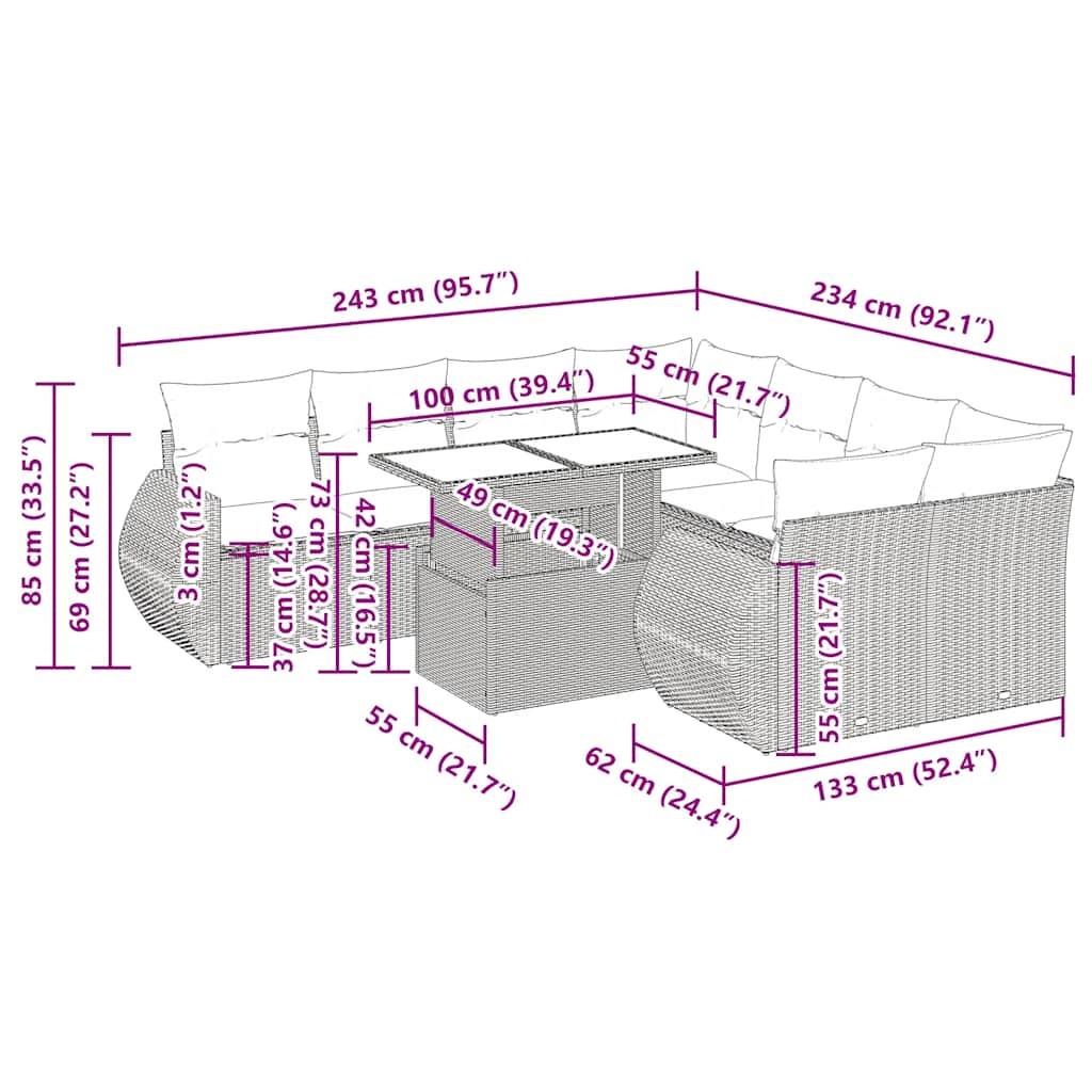 vidaXL 9-tlg. Garten-Sofagarnitur mit Kissen Grau Poly Rattan