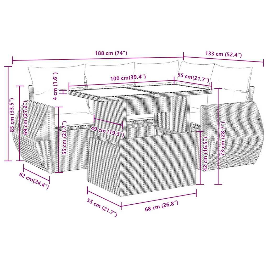 vidaXL 5-tlg. Garten-Sofagarnitur mit Kissen Schwarz Poly Rattan