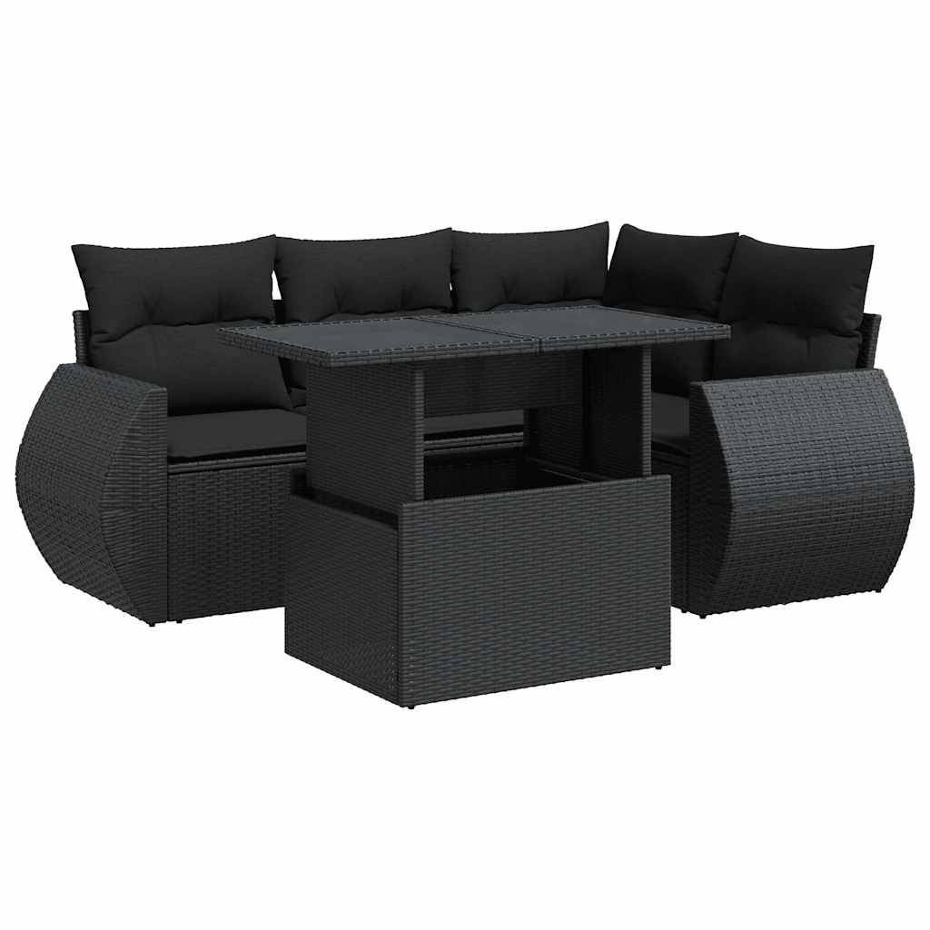 vidaXL 5-tlg. Garten-Sofagarnitur mit Kissen Schwarz Poly Rattan