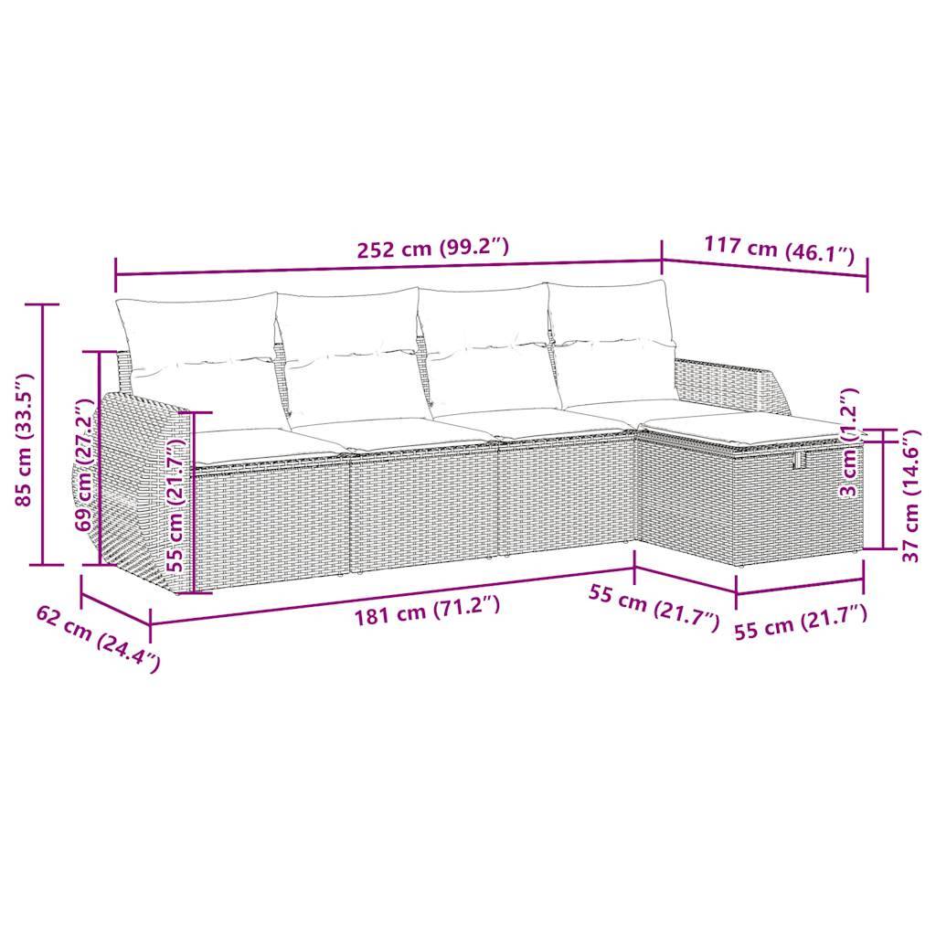 vidaXL 5-tlg. Garten-Sofagarnitur mit Kissen Schwarz Poly Rattan