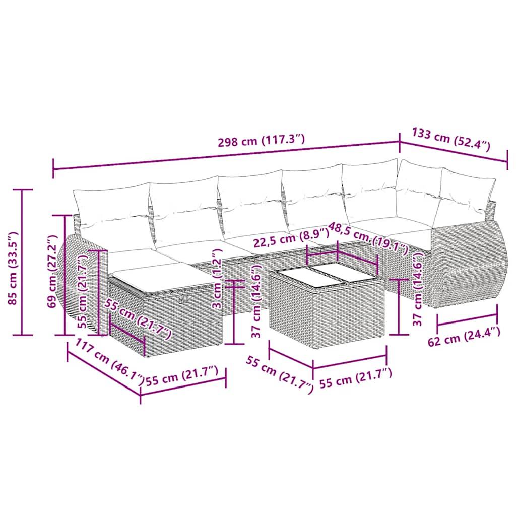vidaXL 8-tlg. Garten-Sofagarnitur mit Kissen Schwarz Poly Rattan