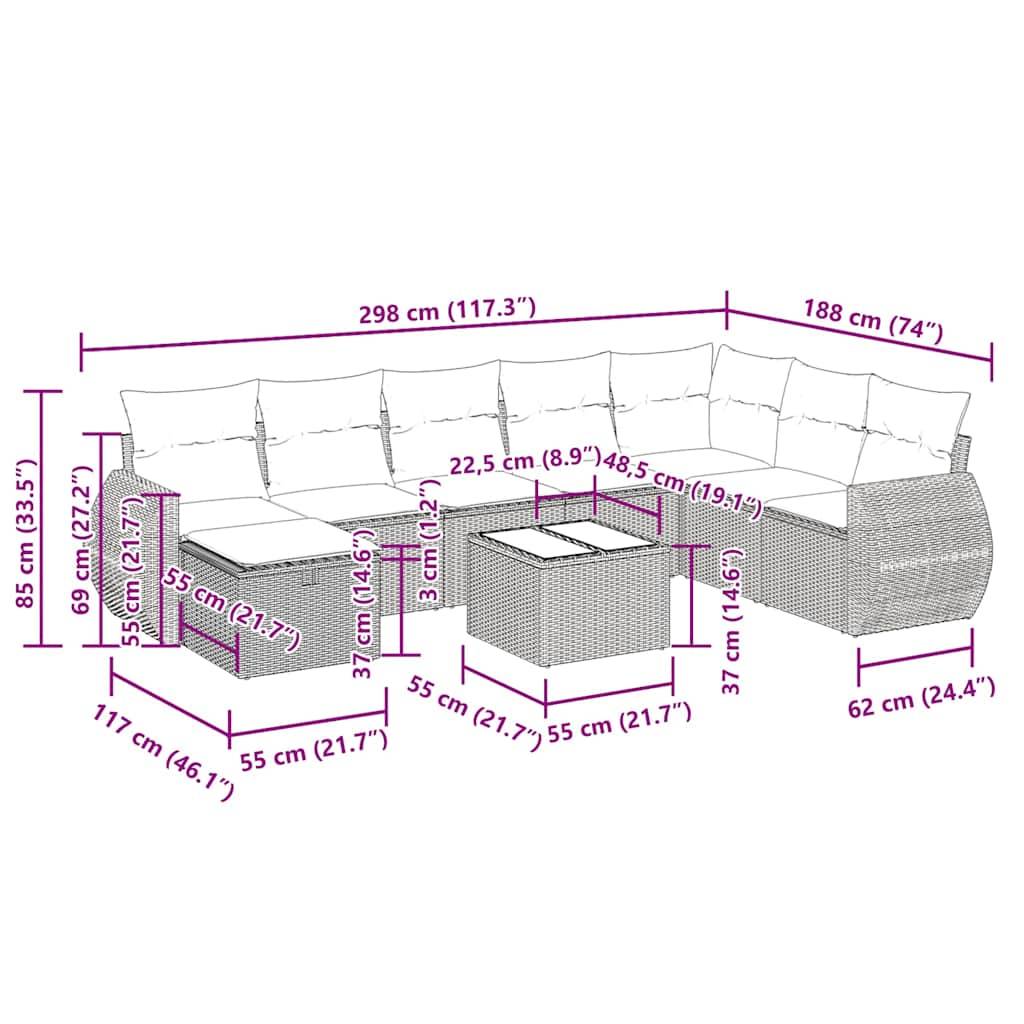 vidaXL 9-tlg. Garten-Sofagarnitur mit Kissen Schwarz Poly Rattan