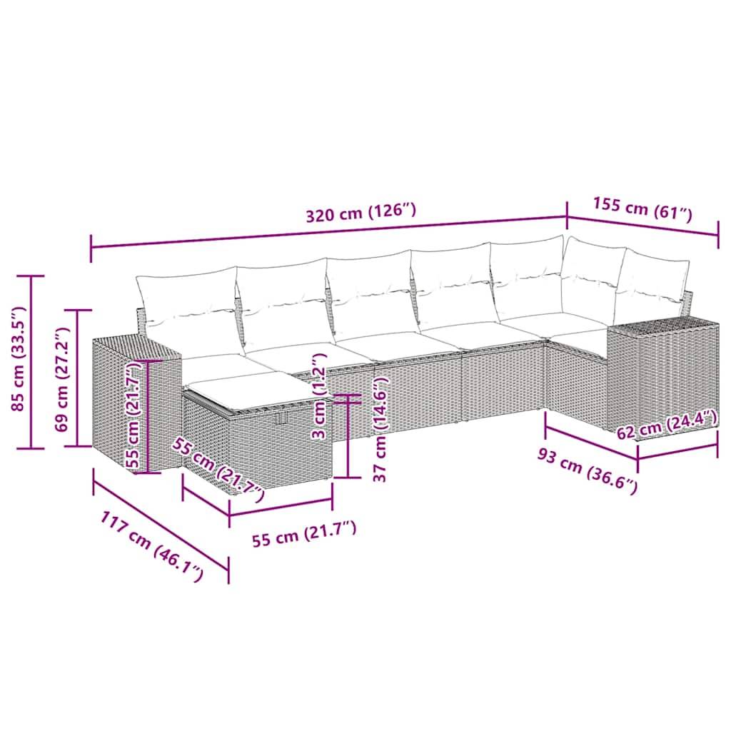 vidaXL 7-tlg. Garten-Sofagarnitur mit Kissen Braun Poly Rattan