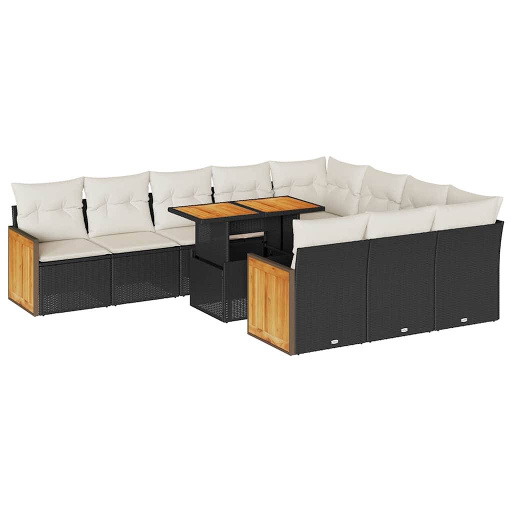 vidaXL 11-tlg. Garten-Sofagarnitur mit Kissen Schwarz Poly Rattan