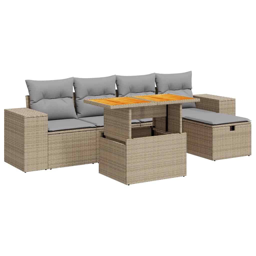vidaXL 6-tlg. Garten-Sofagarnitur mit Kissen Beige Poly Rattan Akazie