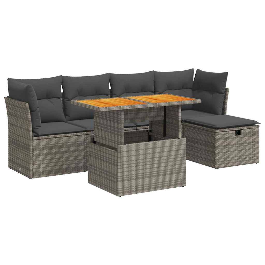 vidaXL 6-tlg. Garten-Sofagarnitur mit Kissen Grau Poly Rattan Akazie
