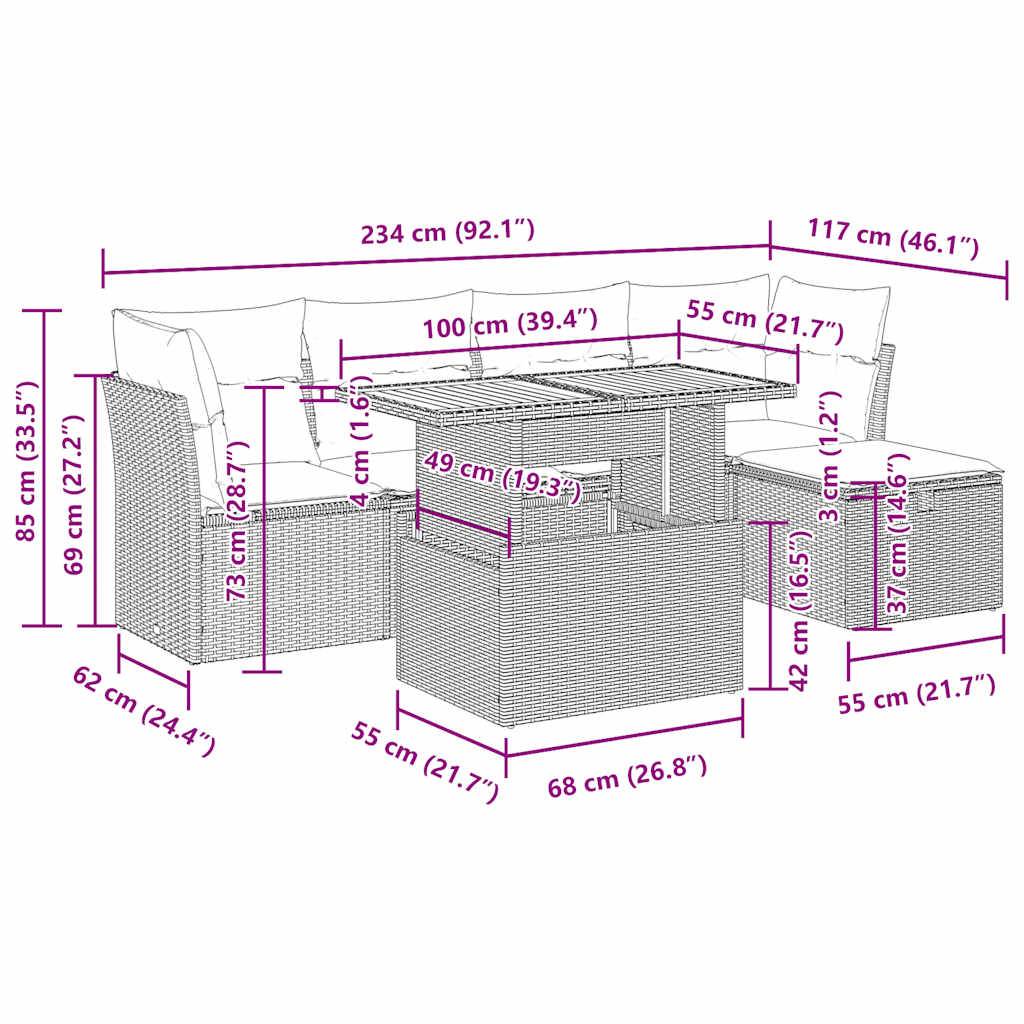 vidaXL 6-tlg. Garten-Sofagarnitur mit Kissen Grau Poly Rattan Akazie