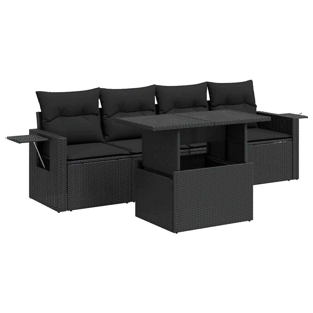 vidaXL 5-tlg. Garten-Sofagarnitur mit Kissen Schwarz Poly Rattan