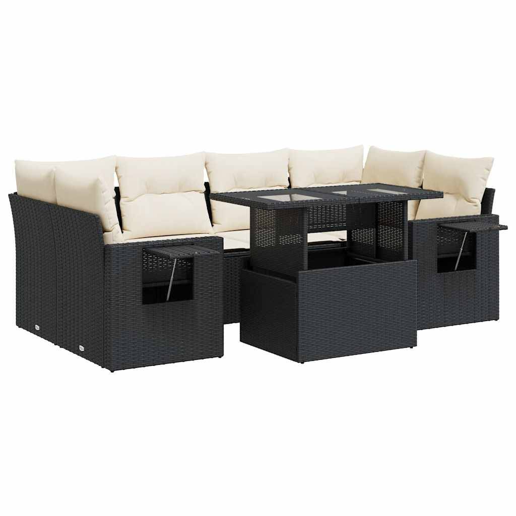 vidaXL 7-tlg. Garten-Sofagarnitur mit Kissen Schwarz Poly Rattan