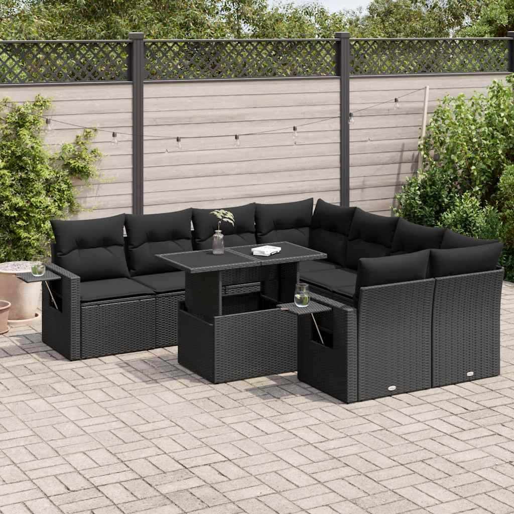 vidaXL 9-tlg. Garten-Sofagarnitur mit Kissen Schwarz Poly Rattan