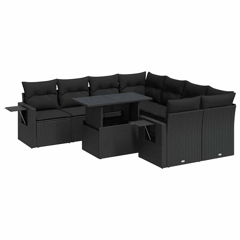 vidaXL 9-tlg. Garten-Sofagarnitur mit Kissen Schwarz Poly Rattan