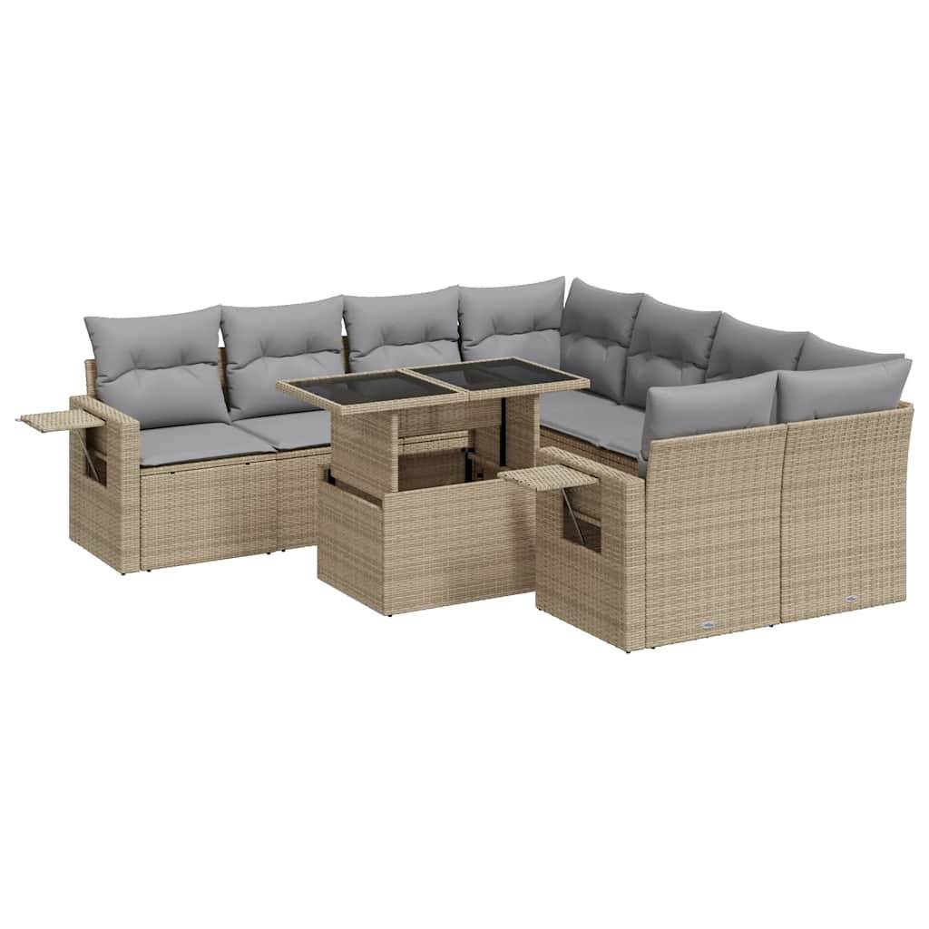 vidaXL 9-tlg. Garten-Sofagarnitur mit Kissen Beige Poly Rattan