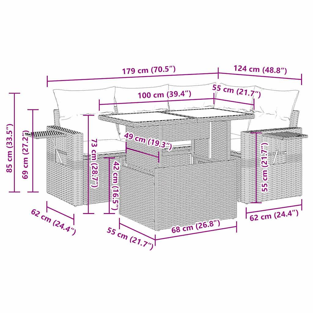 vidaXL 5-tlg. Garten-Sofagarnitur mit Kissen Schwarz Poly Rattan Akazie