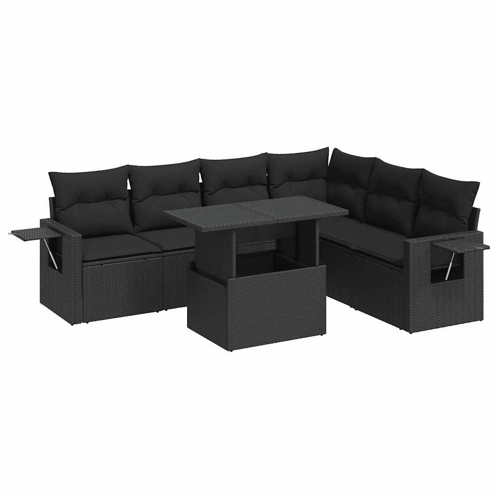 vidaXL 7-tlg. Garten-Sofagarnitur mit Kissen Schwarz Poly Rattan