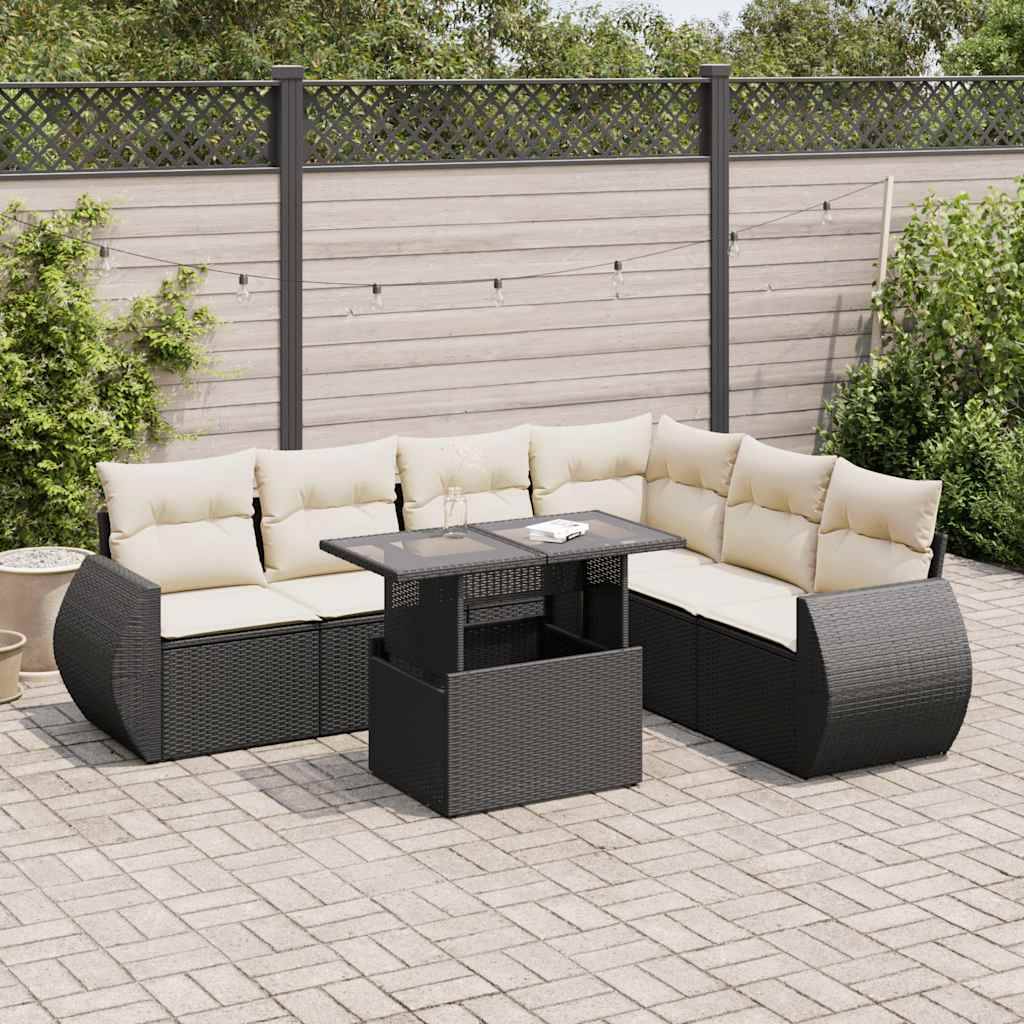 vidaXL 7-tlg. Garten-Sofagarnitur mit Kissen Schwarz Poly Rattan