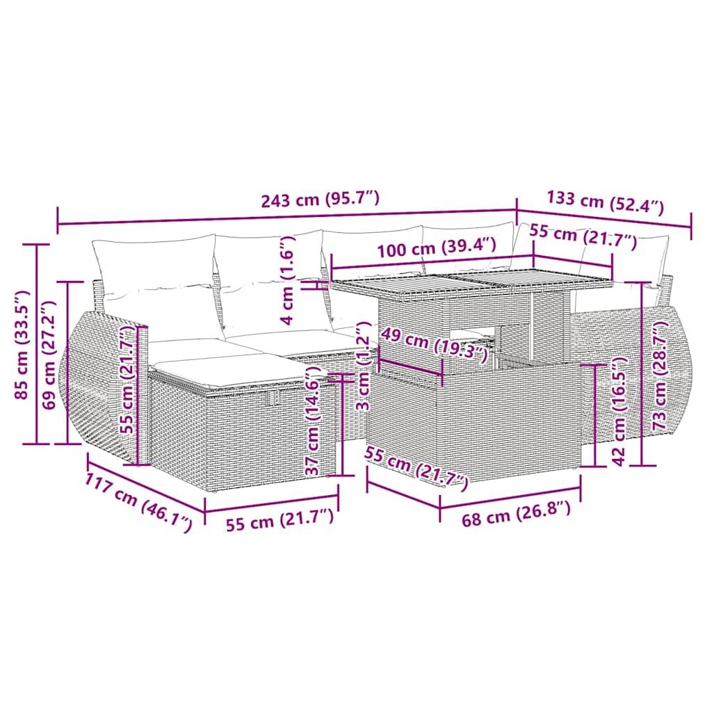 vidaXL 8-tlg. Garten-Sofagarnitur mit Kissen Schwarz Poly Rattan