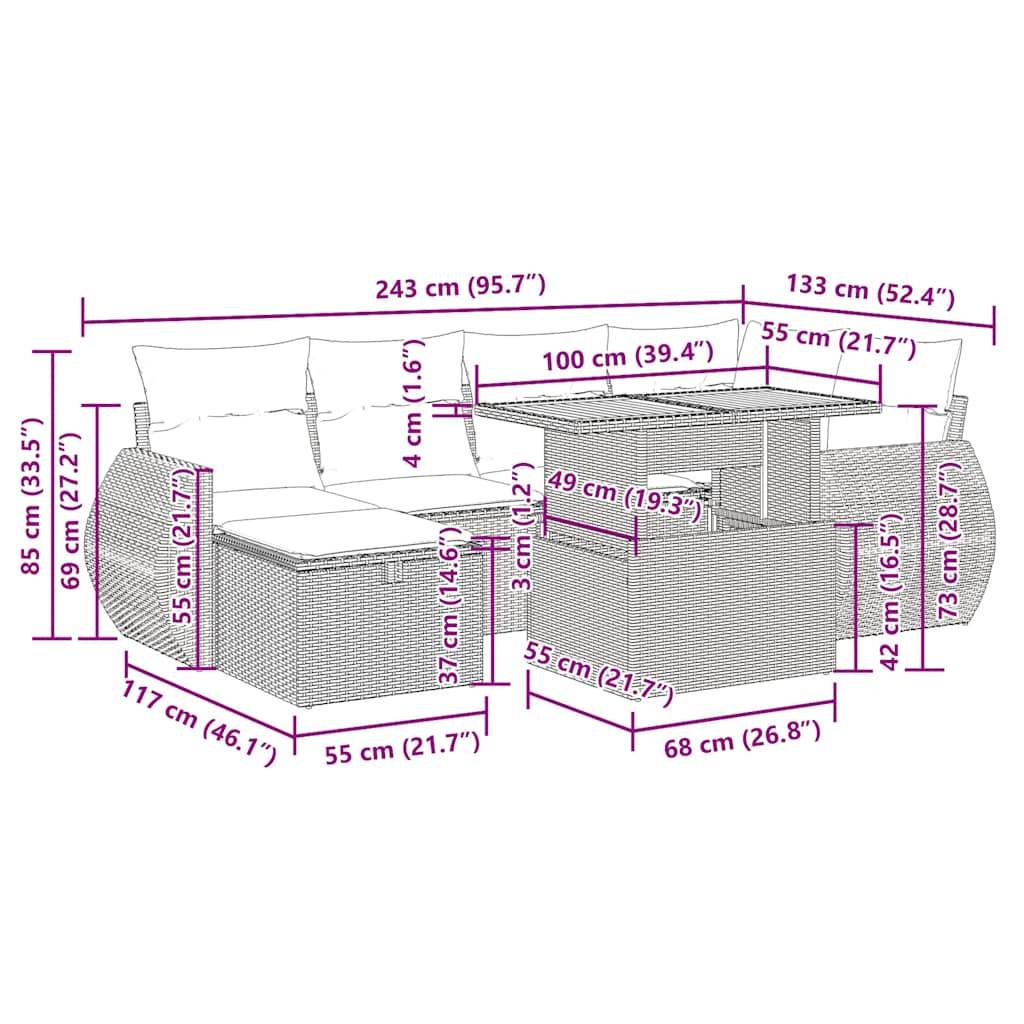 vidaXL 8-tlg. Garten-Sofagarnitur mit Kissen Schwarz Poly Rattan