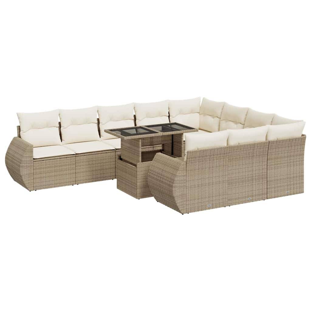 vidaXL 11-tlg. Garten-Sofagarnitur mit Kissen Beige Poly Rattan
