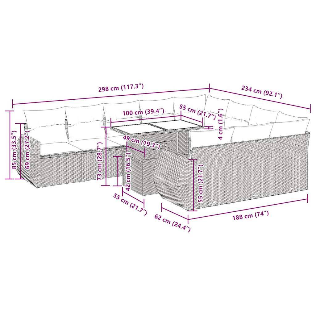 vidaXL 11-tlg. Garten-Sofagarnitur mit Kissen Beige Poly Rattan