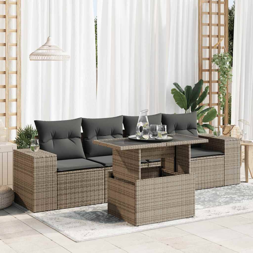 vidaXL 5-tlg. Garten-Sofagarnitur mit Kissen Grau Poly Rattan