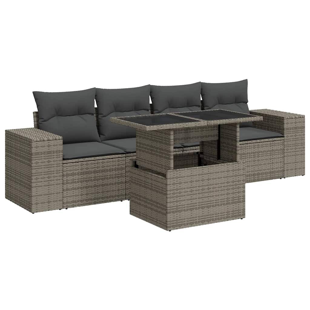 vidaXL 5-tlg. Garten-Sofagarnitur mit Kissen Grau Poly Rattan