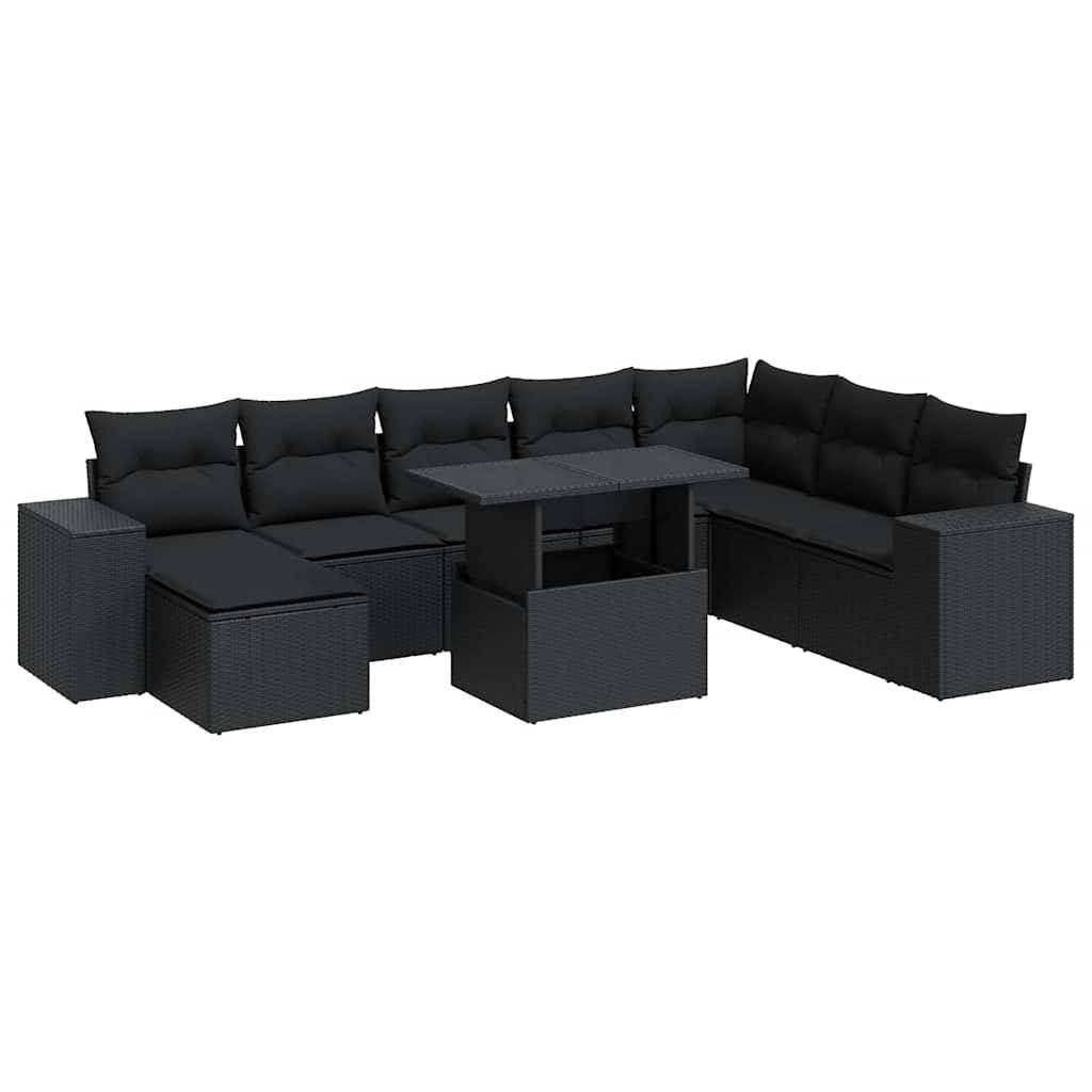 vidaXL 9-tlg. Garten-Sofagarnitur mit Kissen Schwarz Poly Rattan
