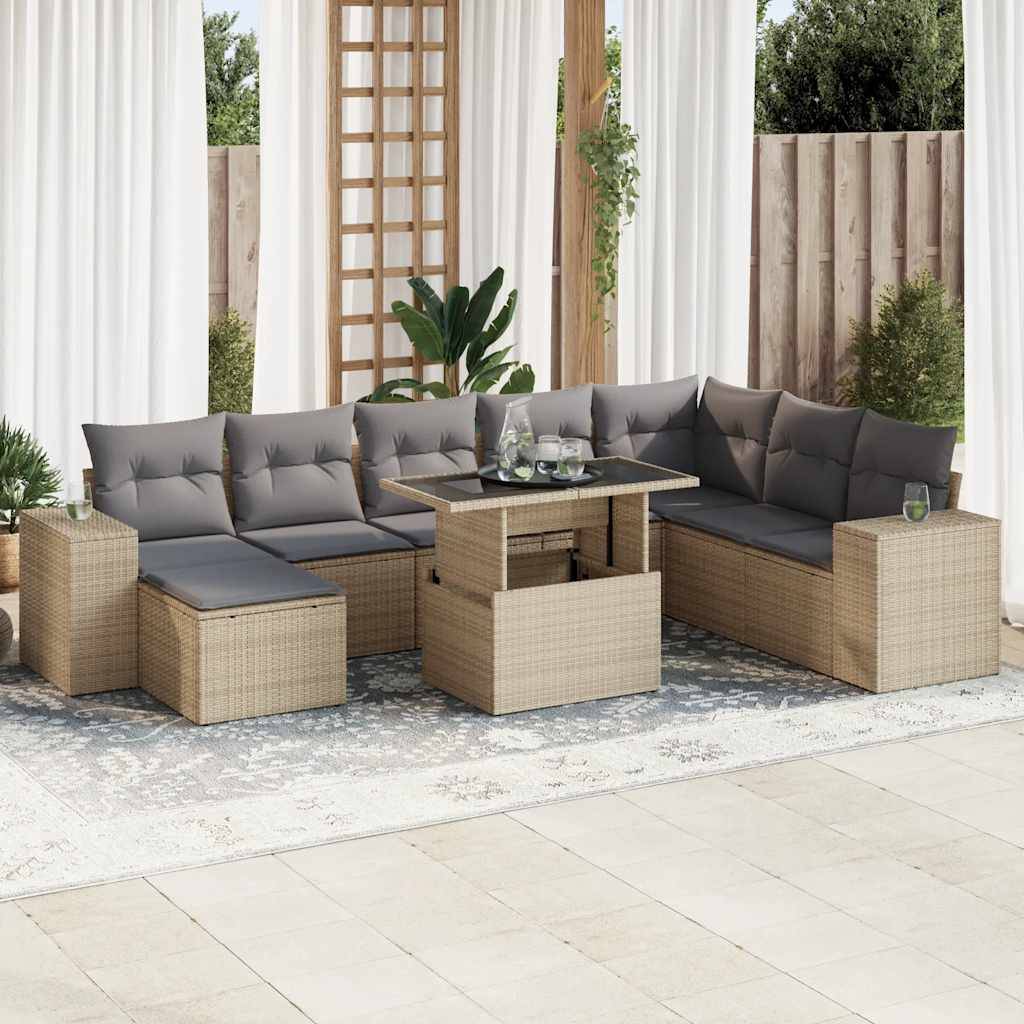 vidaXL 9-tlg. Garten-Sofagarnitur mit Kissen Beige Poly Rattan