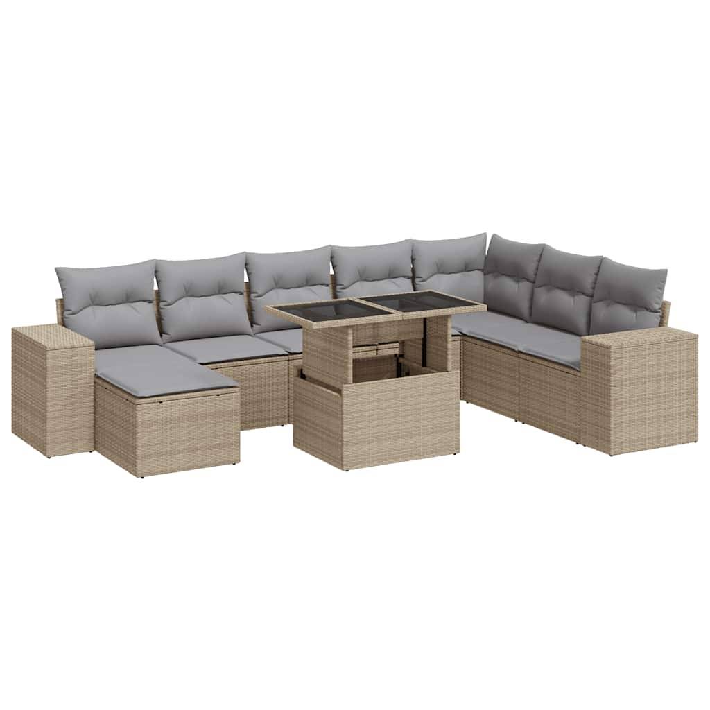 vidaXL 9-tlg. Garten-Sofagarnitur mit Kissen Beige Poly Rattan