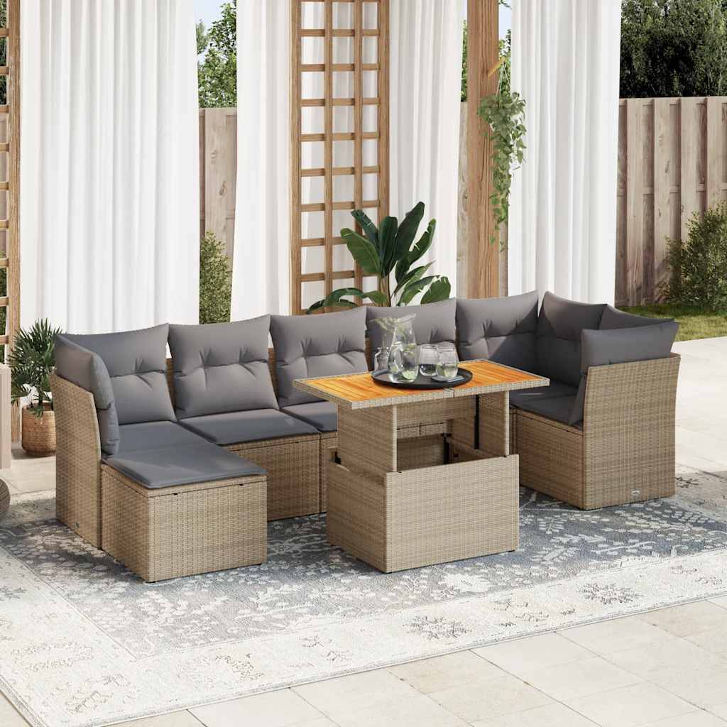 vidaXL 8-tlg. Garten-Sofagarnitur mit Kissen Beige Poly Rattan